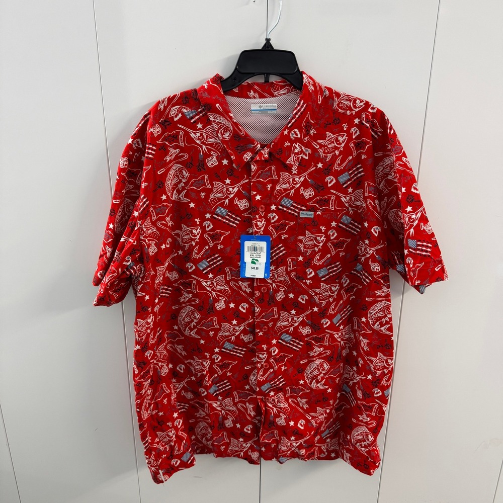 Columbia PFG Trollers Best Shirt XXL Red Patriotic Fish Flag FM7011-717 NEW